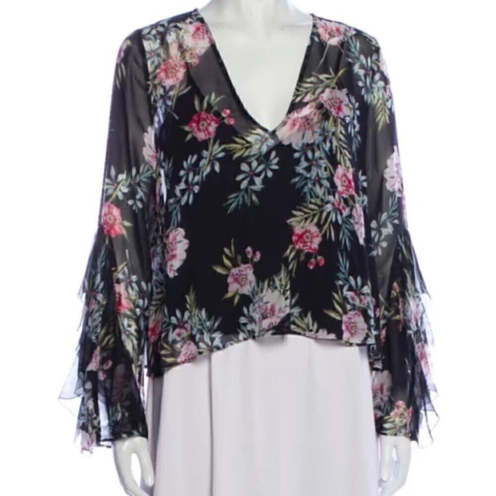 INTERMIX Caitlin Black Flower Silk Top